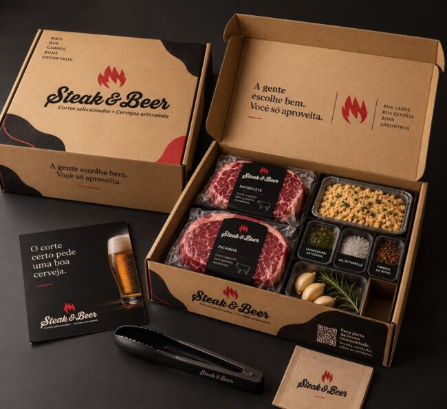 Mockup de experiência de marca do Steak & Beer, Unpack Design – kit presente Steak & Beer artesanal com caixa kraft e cartão