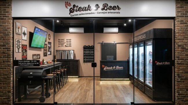 Render do projeto da loja Steak & Beer, Unpack Design – fachada em vidro com balcão, churrasqueira e expositores de cortes