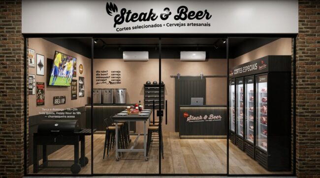 Render do projeto da loja Steak & Beer, Unpack Design – fachada frontal com letreiro e vista interna da loja