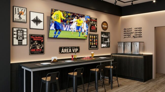 Render do projeto da loja Steak & Beer, Unpack Design – TV, quadros e área VIP na parede de tijolo e rosé