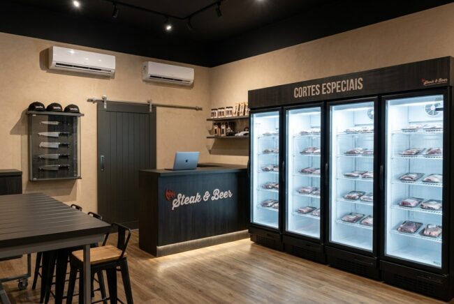 Render do projeto da loja Steak & Beer, Unpack Design – expositores de facas e utensílios com a porta de correr